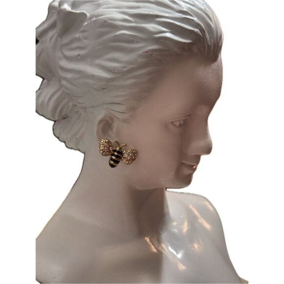 Betsey Johnson Gold-Black Pave Crystal Bumble Bee Stud Earrings-Gift Boxed - Picture 4 of 5